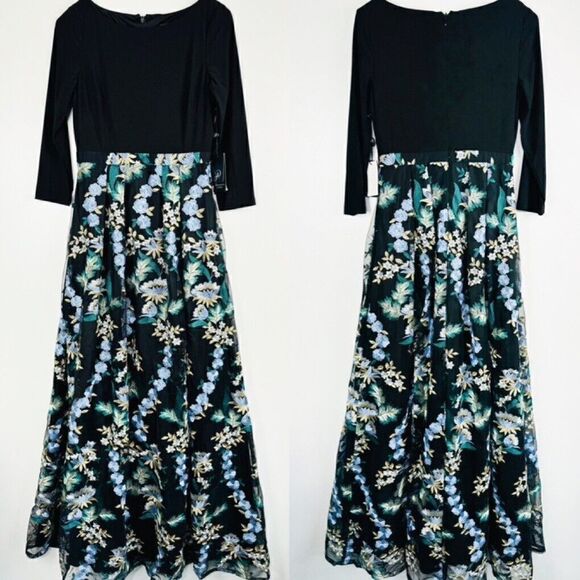 NWT Adrianna Papell Women's Sz 4 Embroidered Mesh Gown Tulle 3/4 Sleeve Floral - Picture 1 of 7